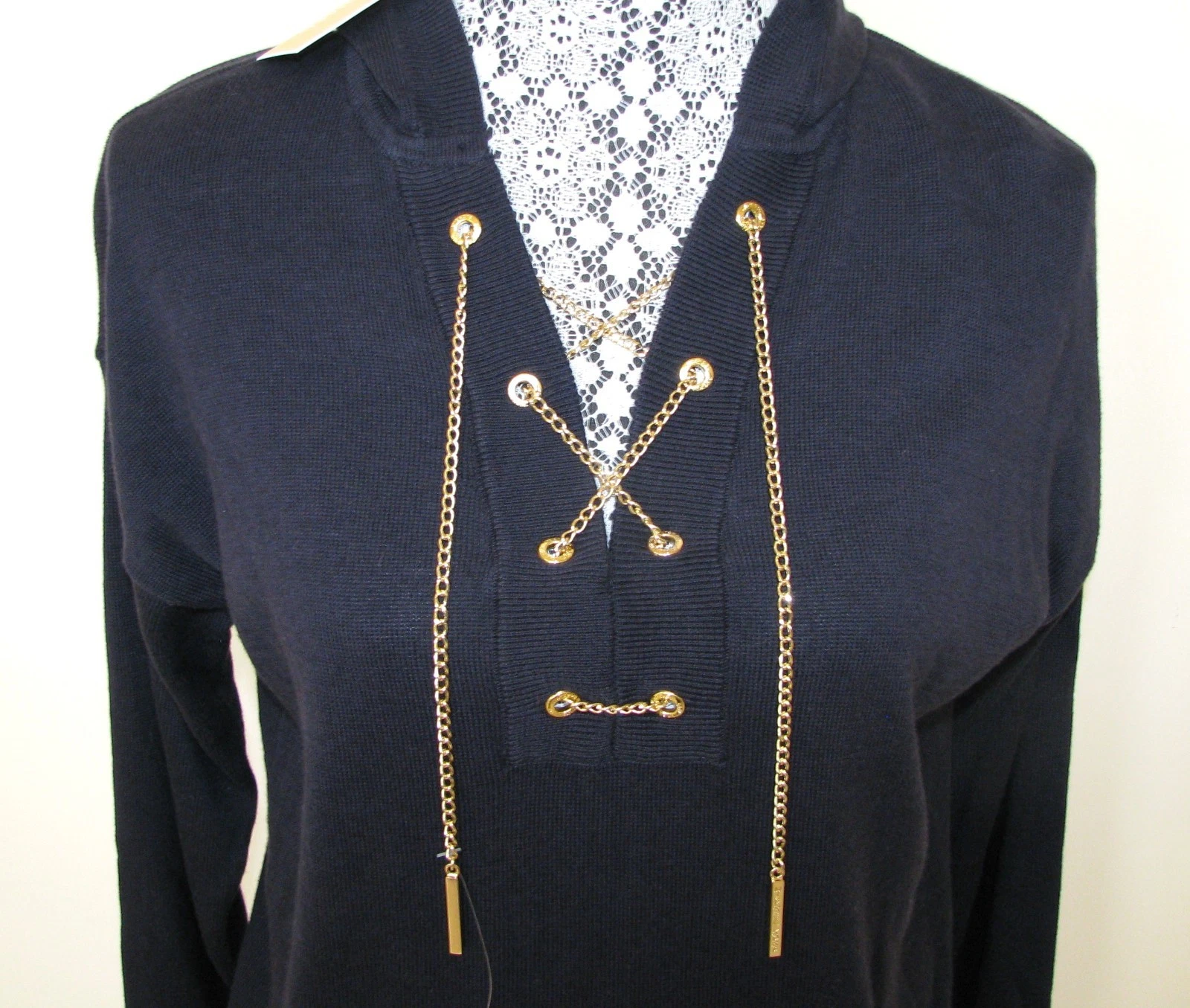 NEW MICHAEL KORS DARK MIDNIGHT BLUE+G TONE CHAIN HOOD SWEATER SHIRT SIZ SMALL