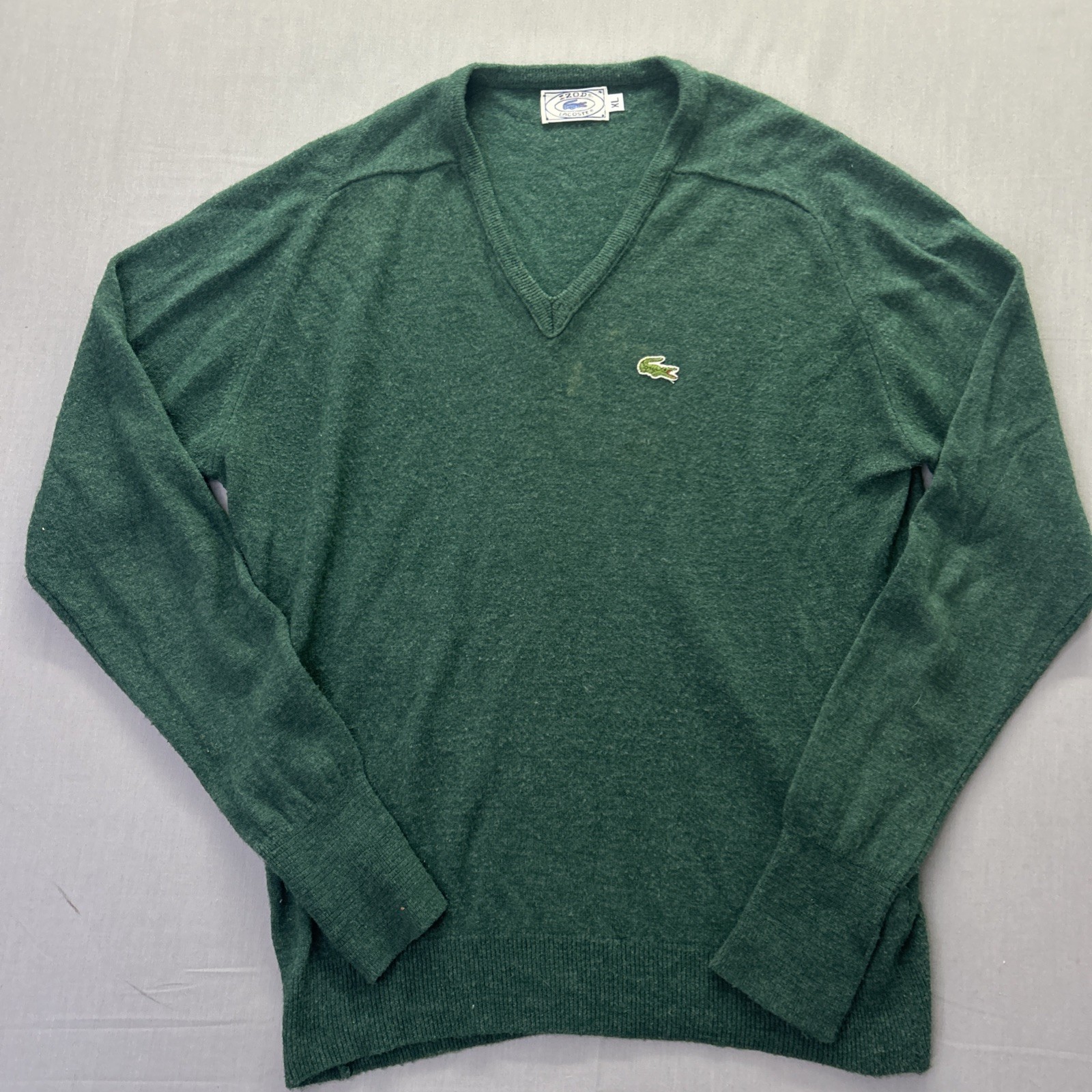 Vintage Izod Lacoste Sweater XL Green V Neck Croc Logo 70s 80s USA