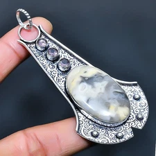 Crazy Lace Agate, Pink Kunzite 925 Silver Plated Jewelry Pendant 3.21" H937