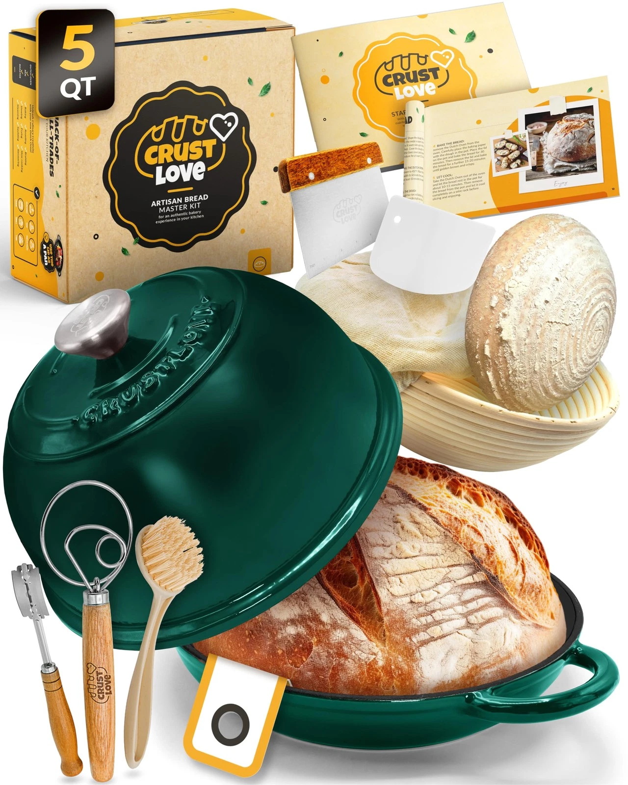 Dutch Oven 5QT Enamel Cast Iron Bread Baking with Lid Bottle Green CRUSTLOVE
Opens in a new window o