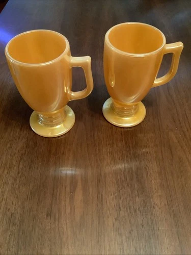  Two (2) Fire-King Peach Lustre Pedestal Mug – Vtg Anchor Hocking USA 1945–1975