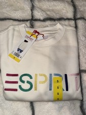 Esprit Women s White Crew Neck Pullover Sweatshirt Embroidered Logo S Small