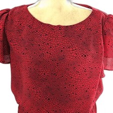 Vintage JB TOO Red & Black Abstract Print Dress Sz 12 Flutter Sleeve Wrap Skirt