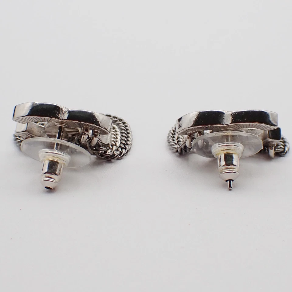CHANEL CC Logo Rhinestone Chain Piercing Earring A21B Silver France 34RF633 - Image 4 of 4