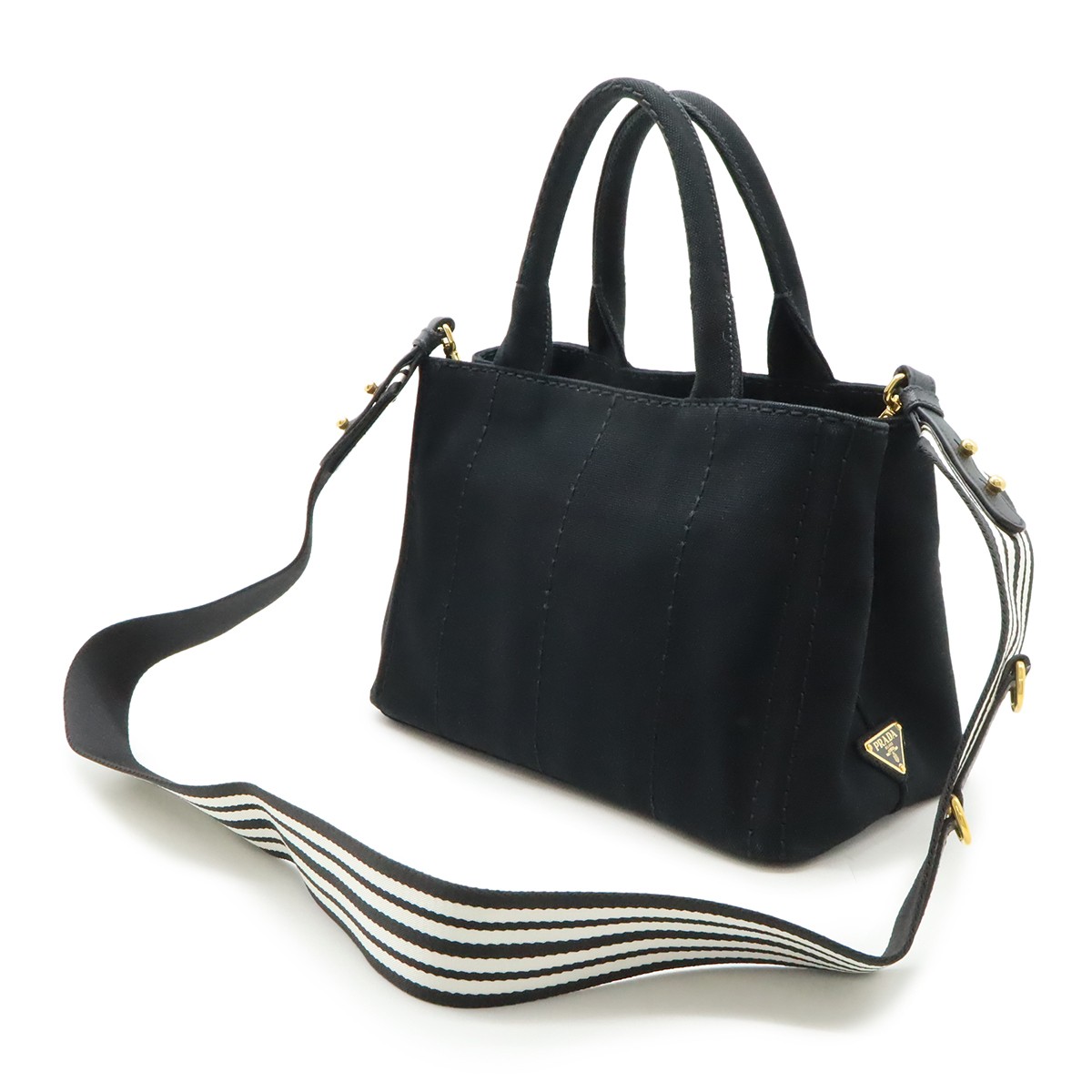 PRADA CANAPA Tote Bag 2WAY Shoulder Bag Stripe Shoulder Crossbody Canvas NERO Bl thumbnail 2
