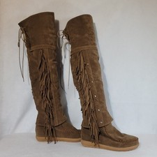 New Brown Suede Fringe Over The Knee Moccasin Boots Lace-Up Rear Sz 8 8.5