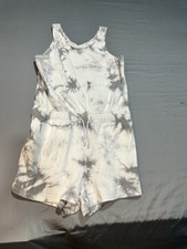 Athleta Girl Tank Romper Shorts Gray/White Tie Dye Drawstring XL 14