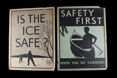 2 Old 1940's Children Safety & Healthy Signs Ice Skating Canoeing Eating Smiling