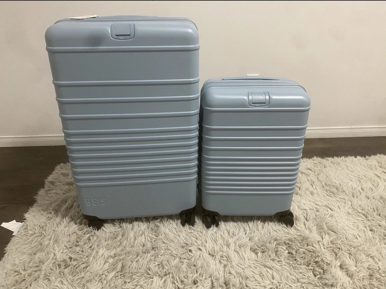 BRAND NEW BEIS DENIM BLUE LARGE CHECK IN AND CARRY ON SET 