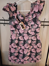 B. Smart Pink Black Floral Chiffon Ruffle Sleeveless Short A-Line Dress S