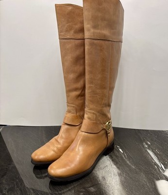 Michael Kors Fulton Riding Boots Dark Walnut Tan Gold MK Logo 8.5M   Used No Box