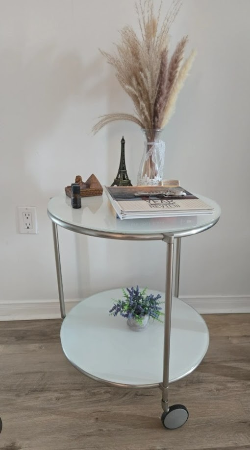 Ikea Glass White Table on Wheels 20 inches round 24 inches tall | eBay