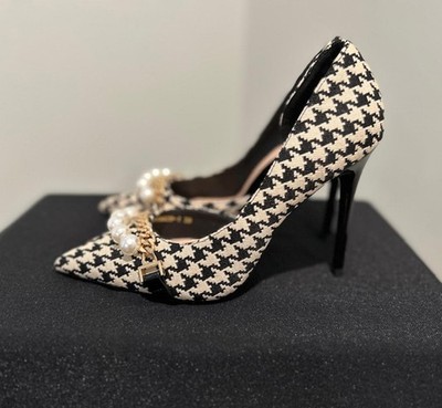   NWOT Bigtree Houndstooth Pearls & Chain   Sz 38 (7.5-8) Sexy Stunning Heels