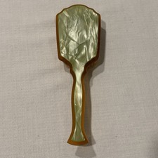 Vintage Art Deco Celluloid Hairbrush Sage Green Amber Border Natural Bristles