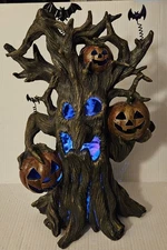 18" Lighted Resin Haunted Halloween Tree With Sounds, Multicolor Pumpkins, Bats