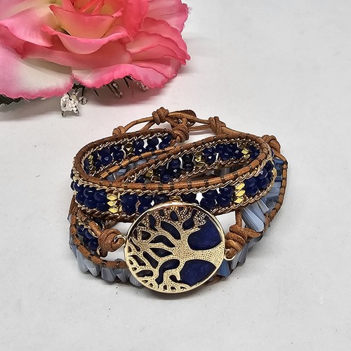 Blue Bracelet Tree of Life Lapis Lazuli Crystal Glass Beaded Beige Leather Wrap - Picture 13 of 18