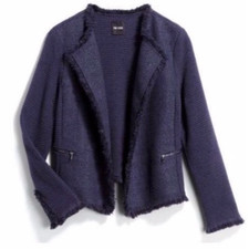 Nic + Zoe Mila Frayed Trim Knit Jacket Navy Blue Women's Size Small Petite