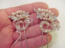  NEW Pair of Silver Tone Simulated Pearl Crystal Swirl Floral Hair Picks Bridal