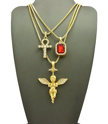 Hip Hop Ankh, Gemstone, Praying Angel Pendant 3 Necklace Set RC2136