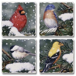 Mixed-Absorbent-Stone-Coasters-Set-of-4-Backyard-Birds-on-Snowy-Branch-Holiday