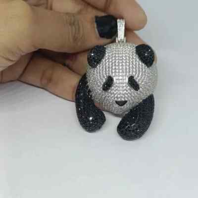 3Ct Round Cut Moissanite Animal Panda Charm Pendant Nacklace 925 Sterling Silver