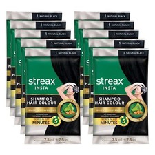  Pack of 10 Streax Insta Shampoo Hair Colour for Unisex - Natural Black - 15 ml