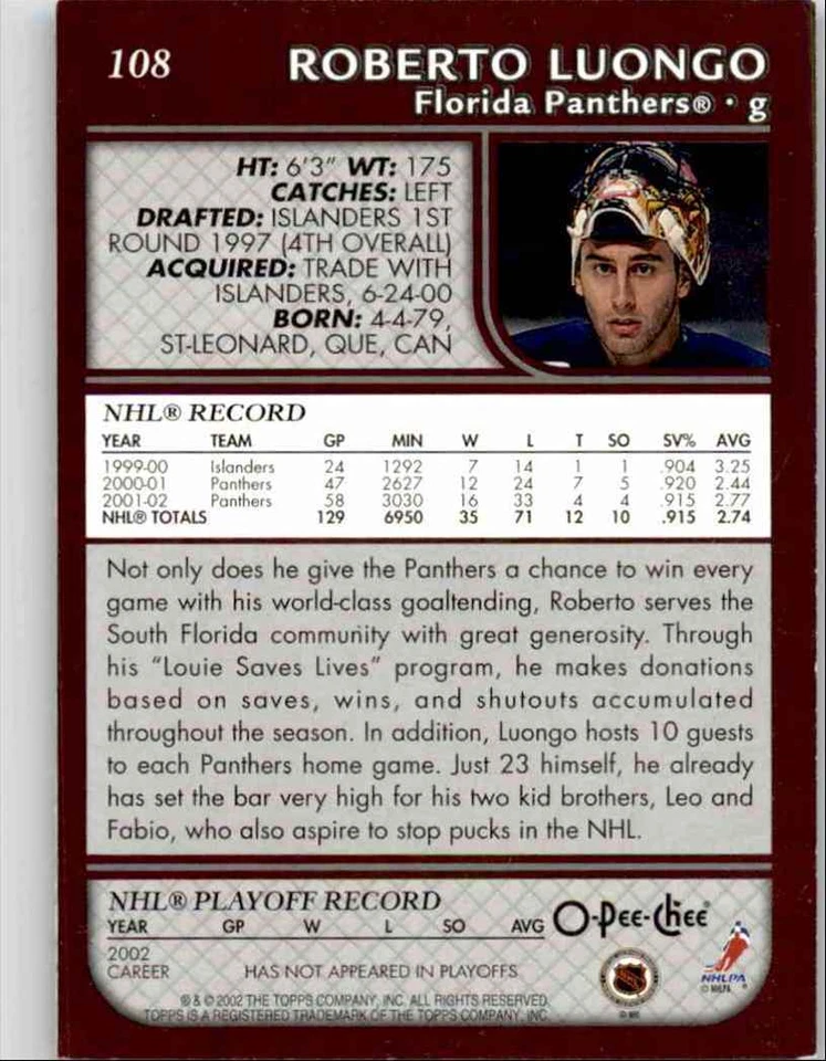 2002-03 O-Pee-Chee Roberto Luongo #108 - Image 2 of 2