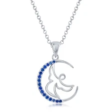Sterling Silver Angel Crescent Moon Pendant - Blue CZ