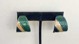Vintage Gold Tone Green Blue Pale Yellow Enamel Half Hoop Pierced Earrings