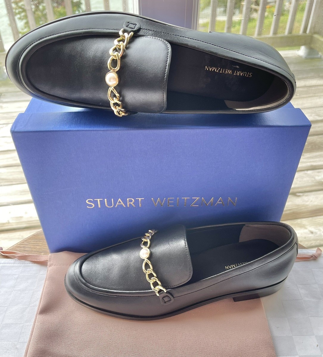 Stuart Weitzman Owen Pearl Chain Black Leather Loafers Size