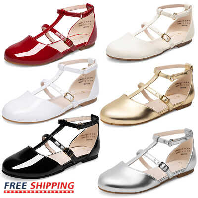 Girls Wedding Dress Shoes Mary Jane Flats T-Strap Hook Loop Party Dress Flats