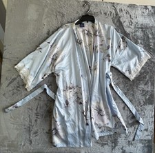 Floral Satin Kimono Robe Light Blue Lace Trim 3/4 Sleeve Women s L Elegant