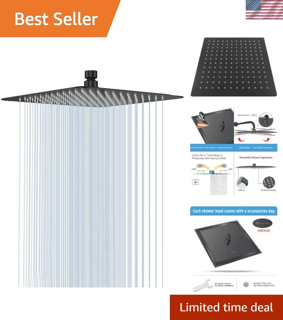 Rain Shower Head, High Flow Stainless Steel Square Rainfall Shower, Waterfall...