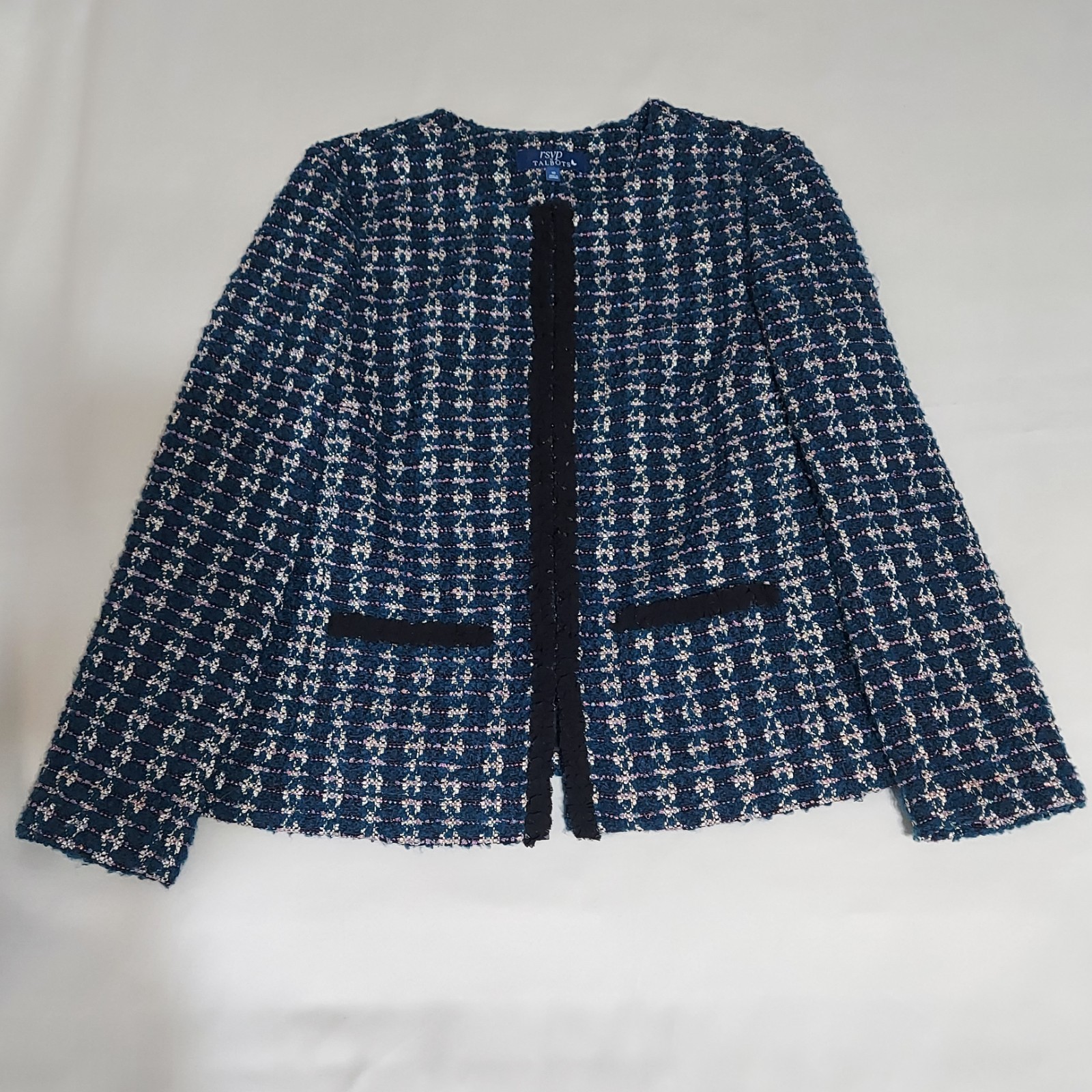 RSVP by Talbots Women's Tweed Blazer Jacket Size 10 with Black ruffle trim