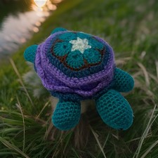 9  Crocheted Turtle/With A Multi Colored Purple Shell Green Body Stuffed Toy