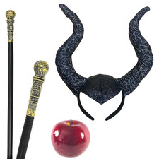 Evil Witch 3PC Costume Set ? Black Queen Horns, Apple & Staff Fancy Dress Kit