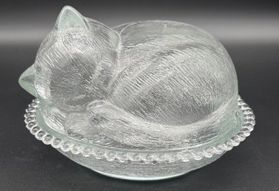 Vintage Cat On Nest Indiana Glass Sleeping Kitty Covered Candy Dish