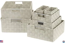 Sorbus Set of 7 Hand-Woven Beige Linen Storage Baskets for Shelves & Closets