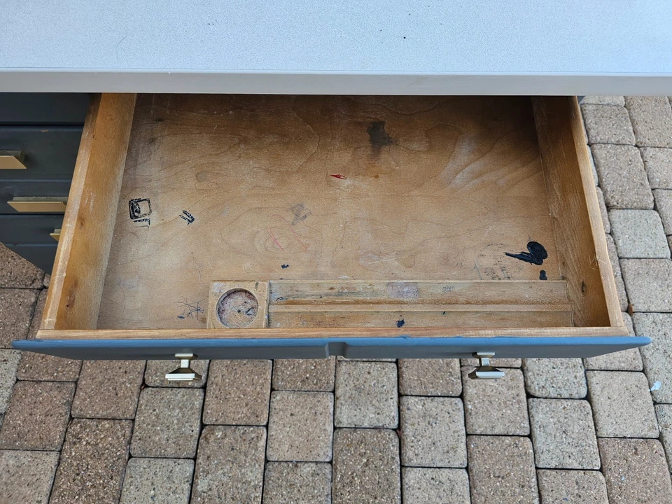 ¡Personalizado! Azul con NUEVO escritorio de computadora ETHAN ALLEN tallado en Estados Unidos alrededor de 1970 Foto 3 de 4