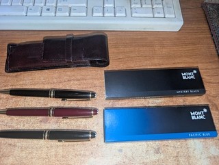 Mont Blanc Ball Point Pens Lot of 3 w/ Leather Holder & 2 refills (blue & black)