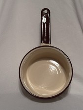 NEW Antique Beige & Brown Enamelware Saucepan Pot 6&rdquo;Diameter Approx 6 Cups NOS