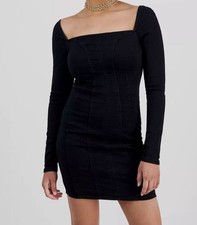GUESS Women's Black Molly Square-Neck Denim Mini Dress Size L