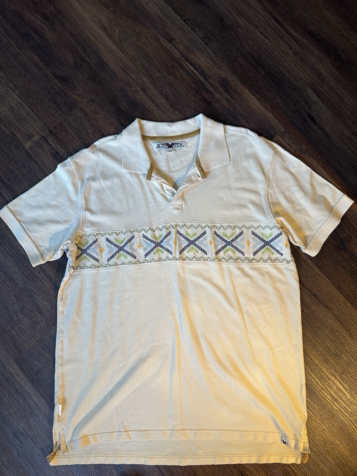 VTG HaT Farm Polo Shirt Men XL Big & Tall Beige Embroidered Geometric Collared