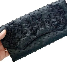 1950s Stylecraft Miami Vintage Beaded Clutch Satin MCM Black Evening Bag Wallet