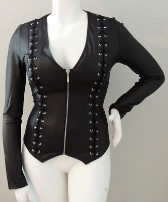 Hearts Rob Lace Up & Zip Up Long Sleeve V-Neck Top Jacket Black Plus 1XL 3XL New
