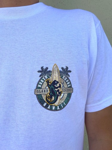 Hawaiian Style North Shore Gecko Surfing Surfboard Men Women White Cotton Tee - Picture 3 of 3