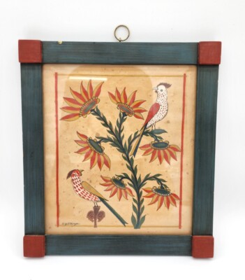 Original David Y Ellinger Oil Painting PA Dutch Folk Art 2 Birds Frame Signed
