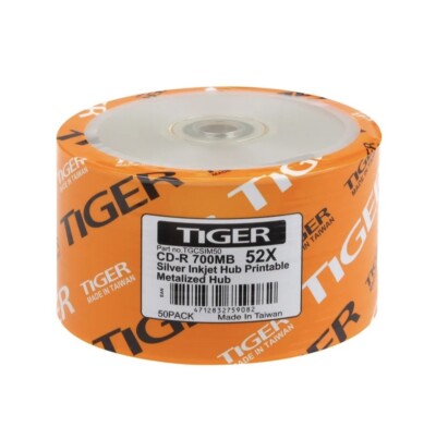 100-PK 52X Tiger Brand Silver Inkjet Hub Printable Blank CD-R CDR Disc 700MB