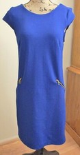 R & K Women's Cap Sleeve Dress, Cobalt Blue, Front Faux Zippers, Size M