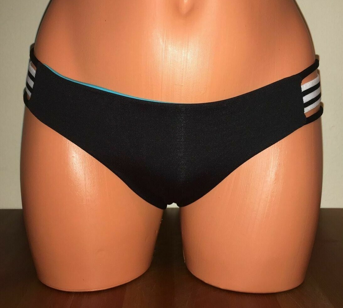 L*Space Womens Reversible Strappy Bikini Swim Bottoms Black/Teal Size Small -